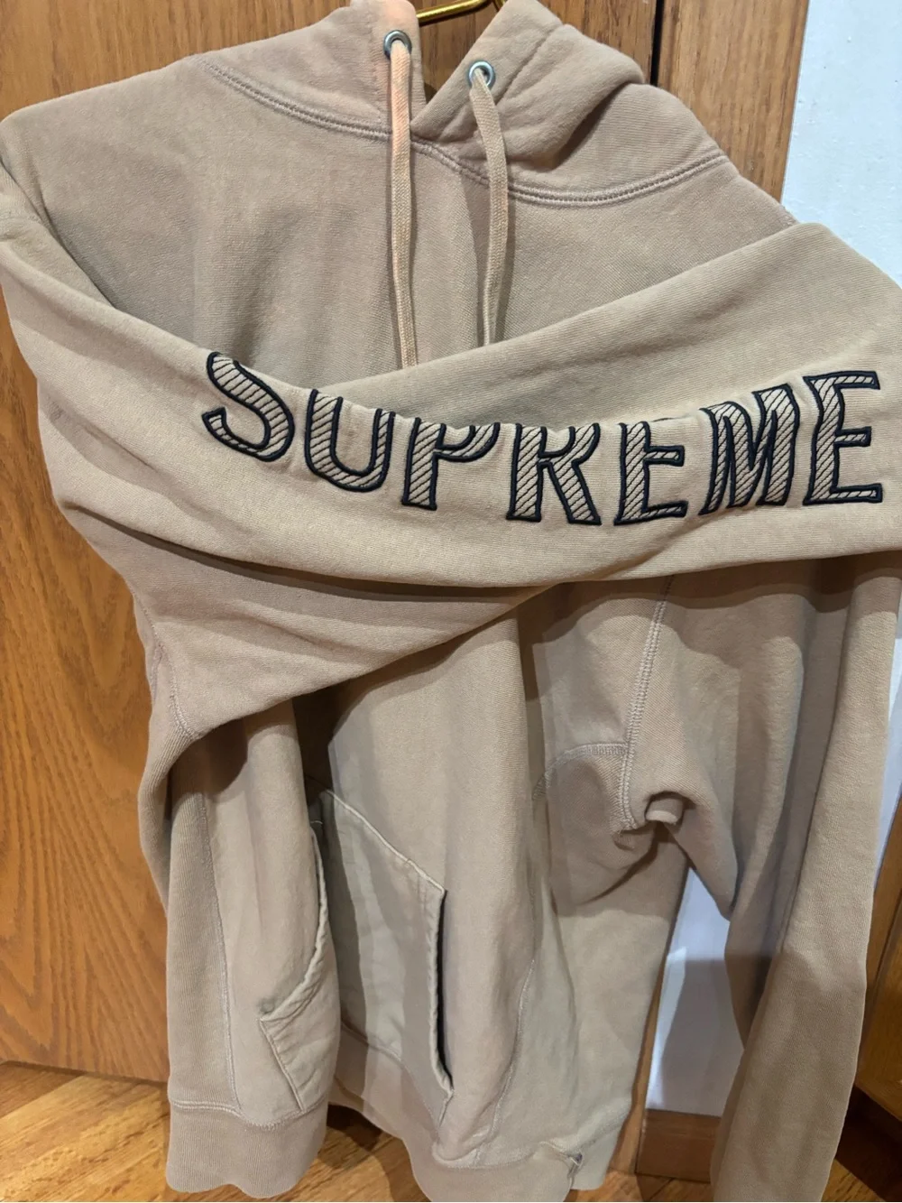Supreme Tan Crewneck Hoodie with Script Sleeve Logo